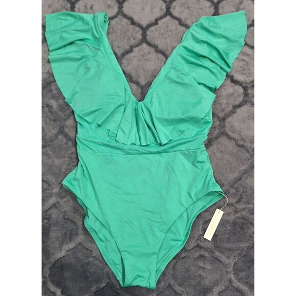 NEW Trina Turk Monaco Green Ruffled One-Piece Swimsuit With Tie Back/Sz 8 - Picture 1 of 8